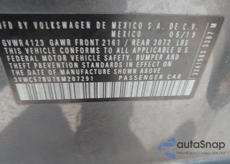 2019 Volkswagen Jetta 1.4T R-Line/1.4T S/1.4T Se z USA, uszkodzony, nr VIN 3VWC57BU1KM207291